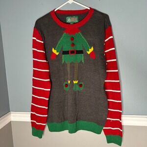 Ugly Christmas Sweater Mens Large Elf Design Red Striped‎ Sleeves Holiday Party